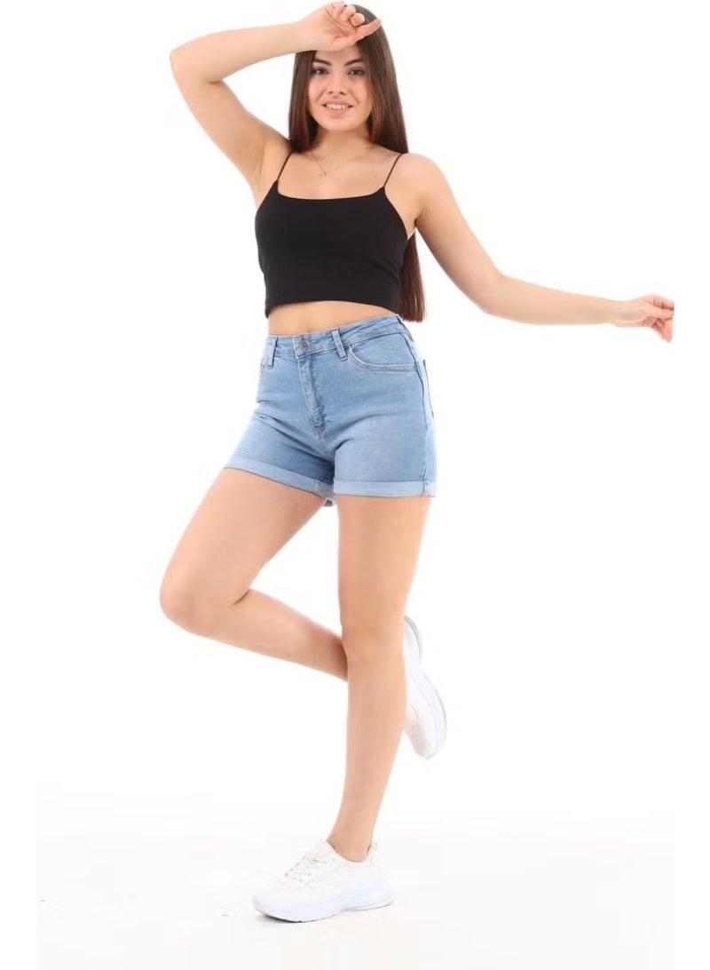 Cedy Denim Women Kyiv Blue High Waist Double Leg Denim Shorts Classic Mini Jean Shorts C604 - Image 2